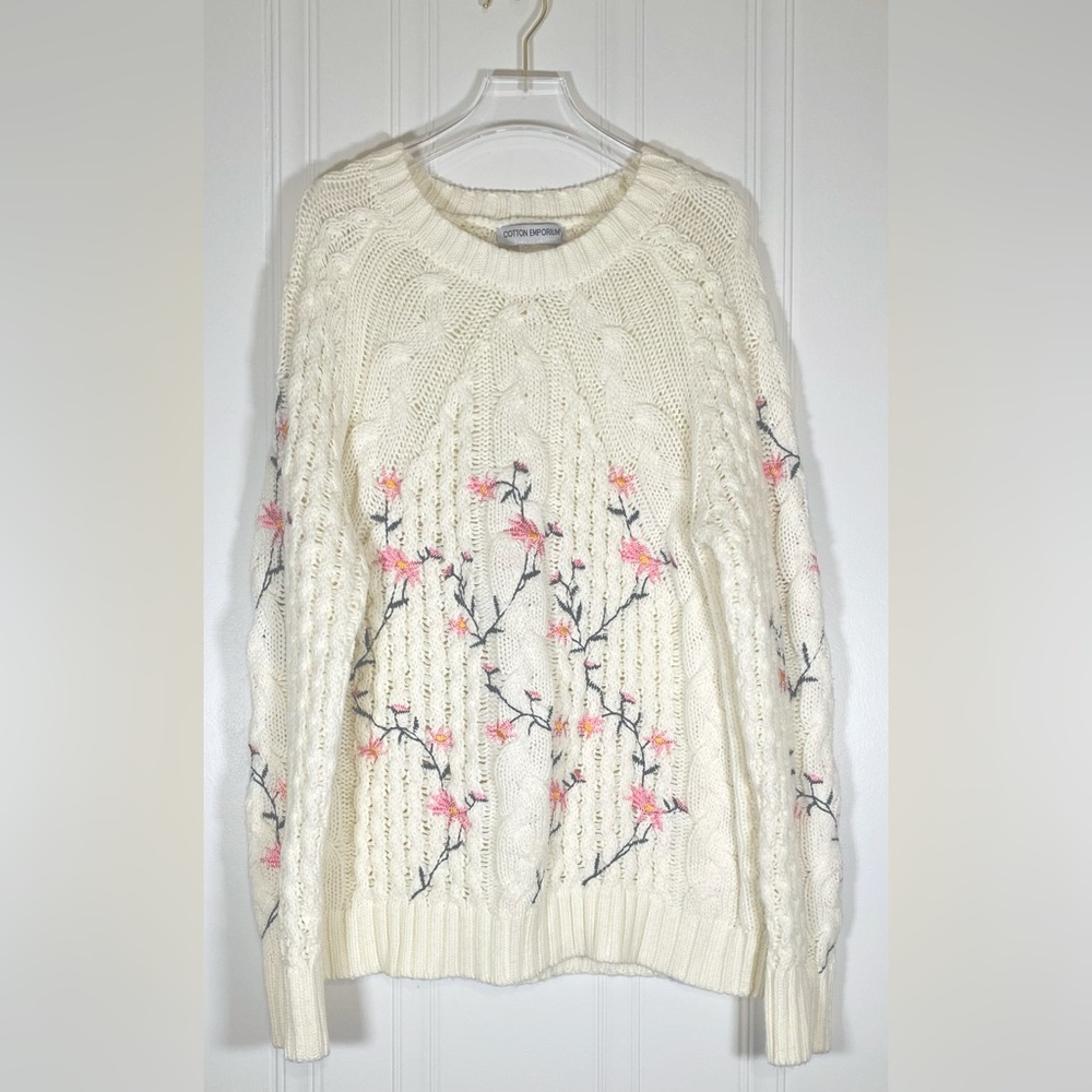 Ivory Cable Knit Floral Embroidered Sweater